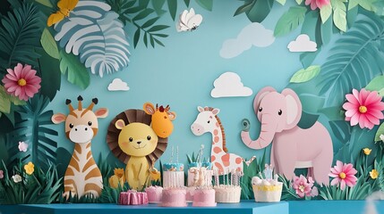 Papercut jungle celebration with charming animals and birthday cakes display