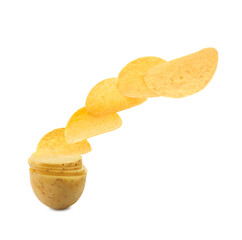 Raw potato slices transforming into crispy chips in air on white background