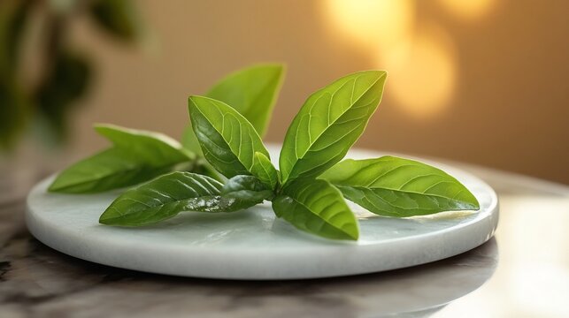 South African Buchu Herb leaves elegantly placed a marble plate fine details in sharp focus soft bokeh of warm golden lighting in the background