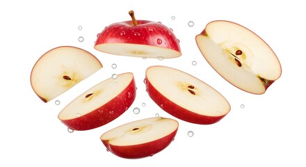 Slices of a vibrant red fruit, arranged for visual appeal, highlight freshness. The cut reveals the core with seeds and juicy interior.