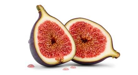 Halved fresh figs showcasing vibrant red flesh and seeds offer a visually appealing and delicious snack on a clean white background.