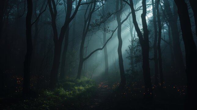 Ethereal Forest Scene with Misty Light and Dark Tree Silhouettes