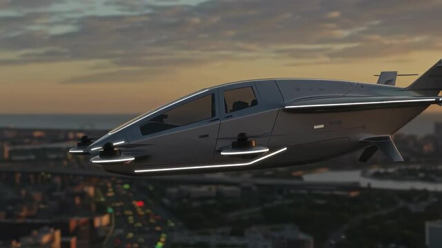 Flying car over urban landscape at sunset. Future transport concept. Electric aerial vehicle for personal mobility in smart cities. Air taxi innovation.