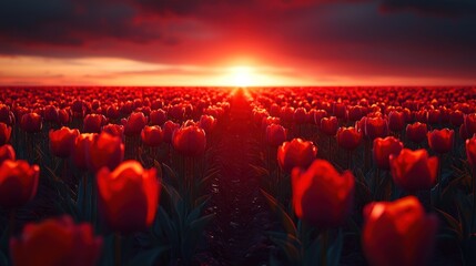 Vibrant red tulips stretch to a fiery sunset, creating a breathtaking, picturesque scene