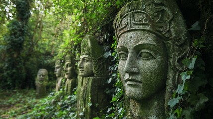 Obraz premium Mystic stone faces adorn lush woodland landscape in ancient sculpture garden