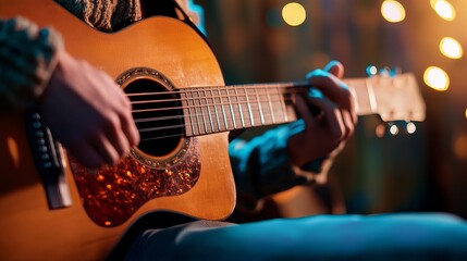 Fototapeta premium Acoustic Guitar Player Hands Close Up Shot Warm Lighting Musical Instrument Wooden Body Strings Performance Musician Playing Song Melody Relaxing Atmosphere Cozy Feeling Home Concert Brown Wood 