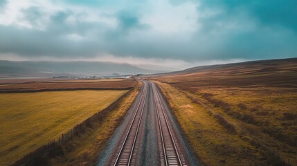 Train Tracks Stretch Through Rural Landscape Under Cloudy Sky