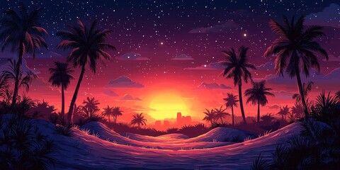 Vibrant sunset over a tropical beach, silhouetted palm trees and distant cityscape