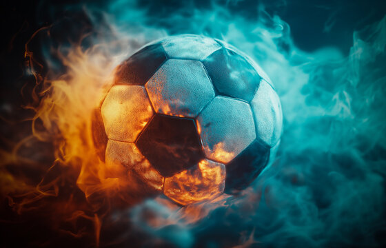 Football sport wallpaper background. Fire soccer ball close up. Spotlight cinematic scene for sports background.