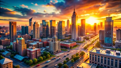 Fototapeta premium Miniature Cityscape: Tilt-Shift View of Modern Architecture at Sunset