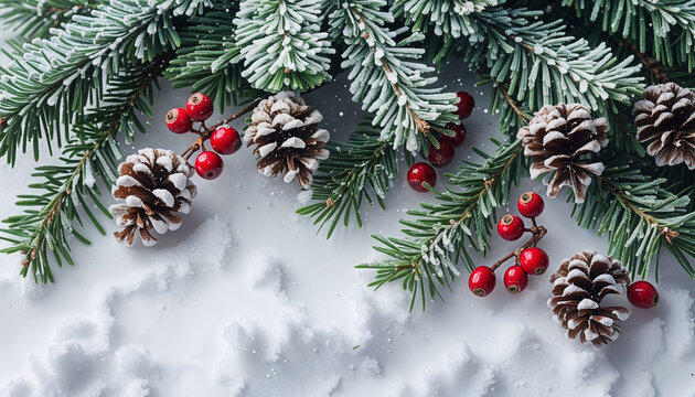 Christmas border with pinecones, red berries, and frosted pine branches on snow – high-resolution festive background