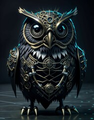 Steampunk mechanical owl with glowing blue light