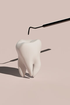 3D render of a molar tooth with a dental tool