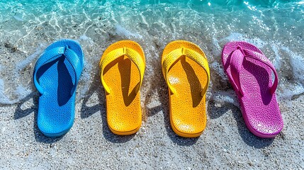 Naklejka premium Colorful Flip Flops on Sandy Beach Vacation Summer Travel