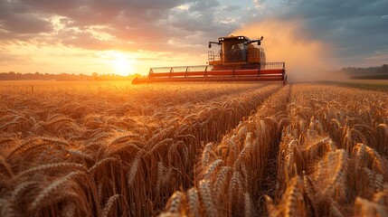 Fototapeta premium Golden Wheat Harvest at Sunset