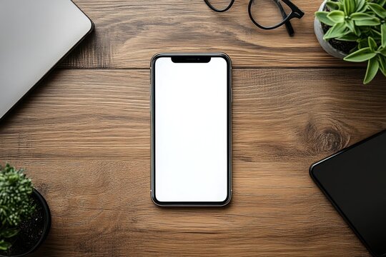 Smartphone with empty white screen on wooden office desk with laptop coffee cup and notebook top view - Powered by Adobe