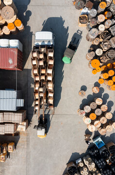 Aerial View of Cable Reels in a Factory Storage Area