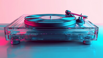 Turntable setup with neon illumination. Cool tone with pink