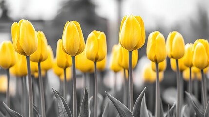 Obraz premium Yellow Tulips Bloom in Garden, Grey Background. Bright Flowers