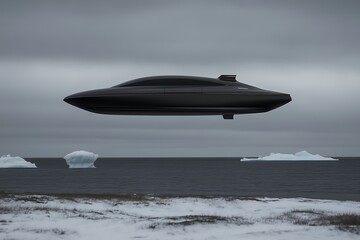 Obraz premium Sleek Black Futuristic Vehicle Hovering Over Arctic Ice