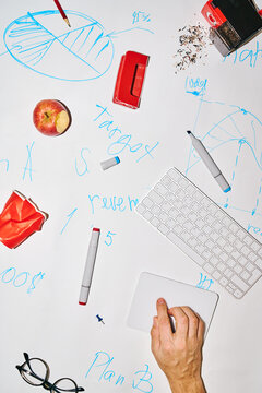 Business Planning Workspace with Handwritten Notes and Office Supplies