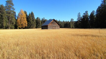 Obraz premium Rustic wooden barn in a golden field.