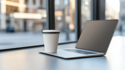Fototapeta premium Laptop and Coffee in a Stylish Cafe