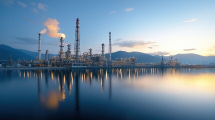 Naklejka premium Expansive oil refinery complex with towering smokestacks and storage tanks reflected in the calm waters of a scenic mountain lake at dusk