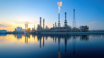 Fototapeta premium Large oil refinery complex with multiple processing units storage tanks and smoke stacks reflected in calm still water at sunset