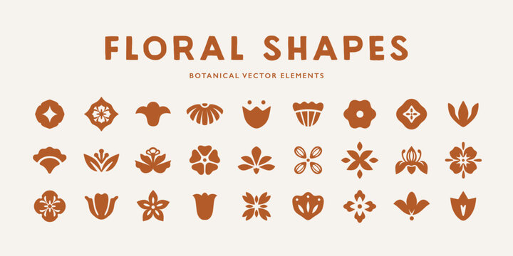 Fototapeta Collection of symmetrical botanical floral ornaments in minimalist folk art style