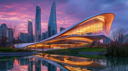 Obraz premium Towering glass and steel skyscrapers rise against a vibrant sky their impressive forms reflected in the calm waters of a serene park lake at a stunning sunset