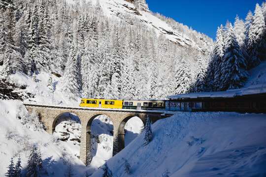 Train crossing a stone bridge in a snowy forest