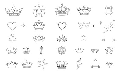Crown illustrations featuring various designs, including stars, hearts, and diamonds, evoke sense of royalty and elegance. These decorative elements can enhance creative projects