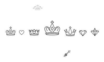 Elegant crown illustrations featuring various designs, including hearts and diamonds, perfect for royal themes or decorative purposes. These symbols evoke sense of luxury and regality