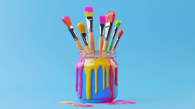 Colorful paintbrushes in a mason jar with drips.