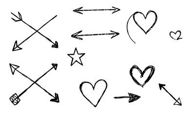 Hand drawn symbols featuring arrows, hearts, and stars create playful and whimsical design. These elements can be used for various creative projects, adding unique touch to any artwork