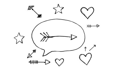 Hand drawn symbols featuring arrows, stars, and hearts within speech bubble create playful and whimsical design, perfect for expressing love and creativity
