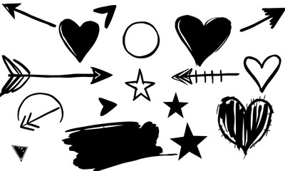 Hand drawn symbols including hearts, arrows, stars, and circles create playful and artistic vibe. These elements can be used for various creative projects, adding whimsical touch