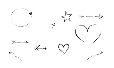 collection of hand drawn symbols including arrows, hearts, stars, and circular shapes, perfect for adding whimsical touch to designs. These elements convey creativity and playfulness