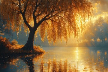 Willow Tree by Tranquil River in Morning Light