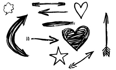 Hand drawn symbols including arrows, hearts, and stars create playful and artistic vibe. These elements can be used for various creative projects, adding unique touch to designs