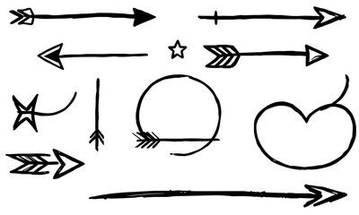 Hand drawn arrows and symbols in variety of styles, including stars and circles, create playful and artistic vibe. These elements can enhance designs and add unique touch