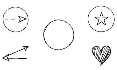 Hand drawn symbols including arrows, star, heart, and circles create playful and artistic vibe. These elements can be used in various design projects to convey emotions and ideas
