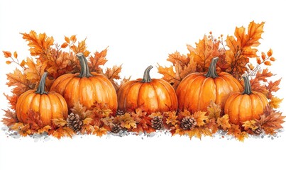 Watercolor painting of pumpkins and autumn leaves.  Perfect fall harvest image