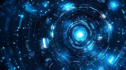 Fototapeta premium Stunning blue and black circular tunnel representing a high-tech abstract background for futuristic concepts