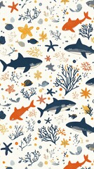 Obraz premium Underwater scene sharks, starfish, coral, fish, and shells on a light background