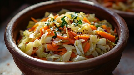 Madagascan Achard Pickled Vegetables a rustic clay bowl moody low key lighting highlighting glistening textures of carrots cabbage and spices deep shadows for dramatic effect