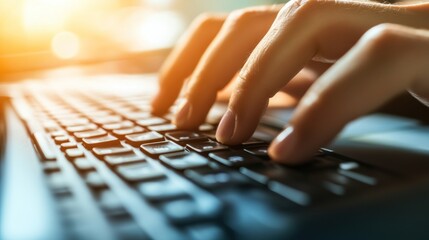 Fingers Typing on Laptop Keyboard with Warm Light for Remote Work