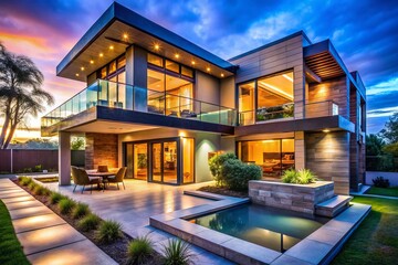Obraz premium Modern Minimalist Home Architecture, Nature Integration, Ambient Lighting, Open Plan Design, Luxury Living