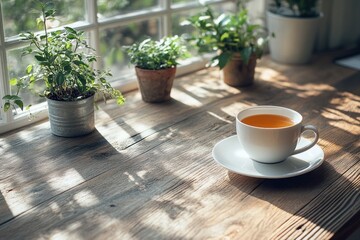 Wooden Office Desk with Computer Tools Latte Coffee and Almond Cookies Morning Workspace